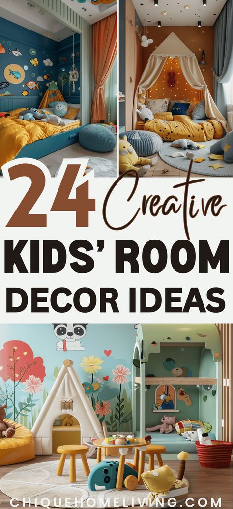 Looking to revamp your child's space? Discover these 24 creative kids' room decor ideas to inspire you! From playful themes to clever storage solutions, find the perfect ideas to create a fun and functional room your little ones will love. 🧸🌟 #KidsRoomDecor #ChildrensSpaces #HomeInspiration Diy Kid Room Decor, Children’s Room Interior Design, Colourful Toddler Room, Play Room Kid Design, Little Kids Room Ideas, Kids Room Theme Ideas, Themed Playroom Ideas, Kids Room Decor Ideas Diy, Kids Room 2 Beds