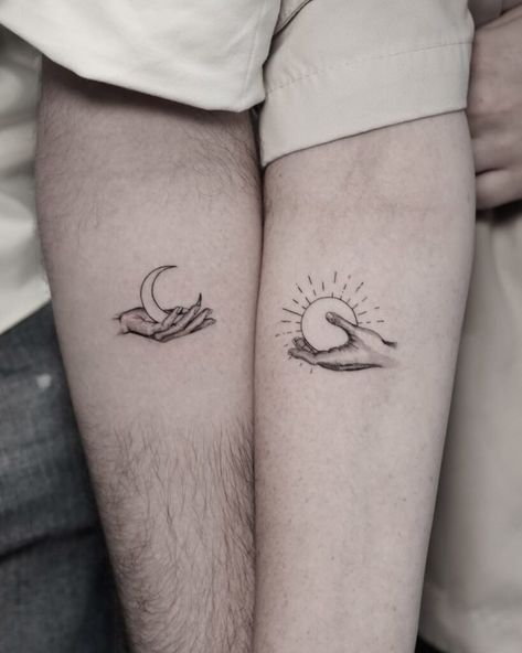 27 Small But Incredibly Romantic Tattoos For Married Couples Matching Non Matching Tattoos Couples, Complimentary Couple Tattoos, Elopement Tattoo Ideas, Simple Couple Tattoos Unique, Complementary Tattoos Couples, Tattoos For Husband Ideas, Couple Tattoo Idea, Tattoo For Couples Meaningful, Couple Meaningful Tattoos