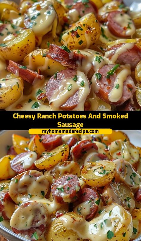 These Cheesy Ranch Potatoes and Smoked Sausage make for a comforting and flavorful dish! Packed with cheesy goodness and savory sausage, it’s an easy dinner the whole family will love Lunches With Sausage, Meals Using Smoked Sausage, Recipes With Beef Smoked Sausage, Crockpot Recipes With Smoked Sausage, Cheesy Potatoes And Smoked Sausage, Dinner Recipes For Big Family Meal Ideas, Sausage Rope Recipes, Cheese Ranch Potatoes And Sausage, Beef Smoked Sausage Recipes Crockpot