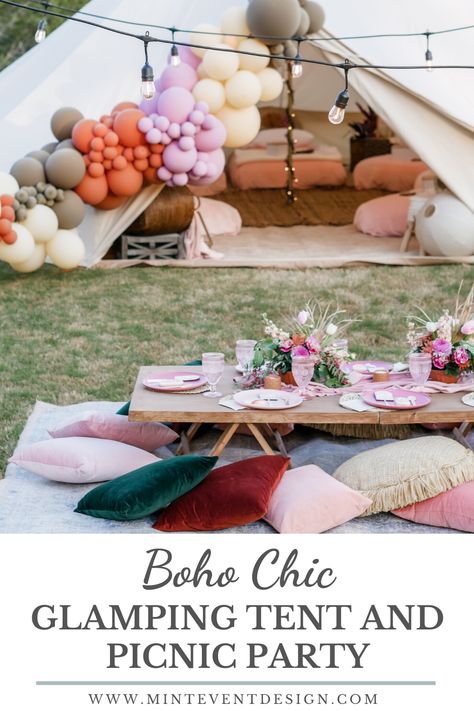 Create a luxury backyard Glamping experience with this large rentable tent and picnic area from MINT Event Design in Austin, TX! Perfect for teen slumber parties, birthday parties, or bachelorette parties. See how event designer Carolina set up a boho chic slumber party, and get details on renting the experience now at minteventdesign.com! Glamping Ideas Party Boho Chic, Tent Glamping Ideas Diy Birthday Party, Bachelorette Glamping Party, Birthday Glamping Ideas, Diy Glamping Party, Boho Glamping Party, Chic Slumber Party, Glamping Theme Party, Backyard Glamping Birthday Party