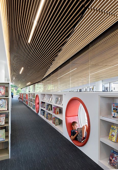 Commercial Library Design, Innovative Library Design, Cool Library Design, Cool Library Ideas, Elementary Library Design, Library Architecture Concept, Public Library Interior Design, Library Ceiling Design, Cool Libraries