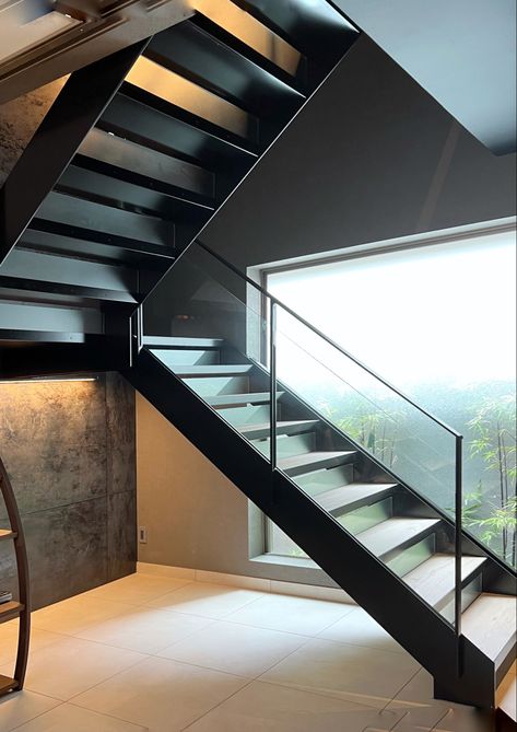 Steel staircase large window to garden porcelain tile accent wall acrylic riser cover Steel Staircase, Tile Accent Wall, Large Window, Large Windows, Porcelain Tile, Accent Wall, Tile, Porcelain, Wall