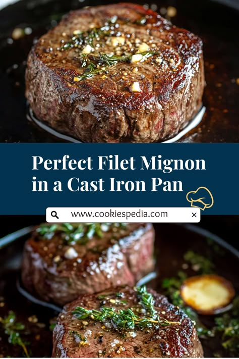 Discover this easy dinner recipe for cooking filet mignon in a cast iron pan! This method ensures a tender, juicy steak with a beautiful sear, making it perfect for special occasions or date nights. Quick to prepare and packed with flavor, it’s a meal your family will love! #EasyDinnerRecipe #FiletMignon #SteakRecipe Filet Mignon Recipes Pan Seared And Oven, Best Filet Mignon Marinade, Perfect Filet Mignon Cast Iron, Dutch Oven Filet Mignon, Filet Mignonette Marinade, Filet Mignon Oven Recipes, Oven Roasted Filet Mignon, Broil Filet Mignon In Oven, Fancy Filet Mignon Dinner