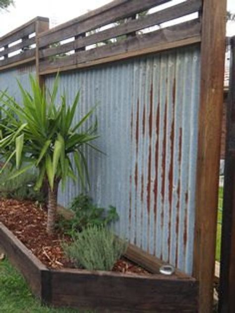 Pagar Modern, Corrugated Metal Fence, Diy Privacy Fence, Pergola Diy, Wood Fences, Privacy Fence Designs, Timber Fencing, Fence Designs, Backyard Privacy