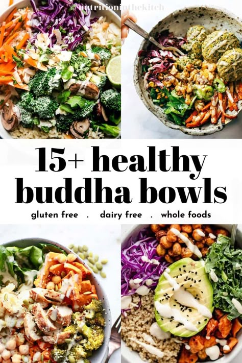 Hop on the buddha bowl train with these 15 incredible buddha bowl recipes! They are all healthy, gluten free, whole foods focused, and most are vegan too. Get the best buddha bowl sauce and dressing ideas and learn why buddha bowls are so great for you! Healthy Buddha Bowl, Buddha Bowl Sauce, Buddha Bowl Recipes, Salad Bowl Recipes, Healthy Whole Food Recipes, Buddha Bowls Recipe, Bowls Recipes, Healthy Bowls Recipes, Poke Bowls