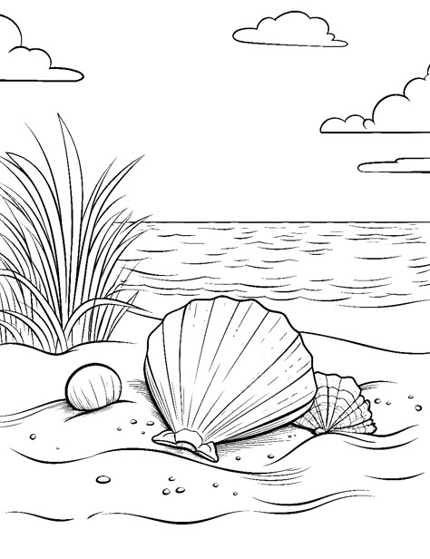 Coastal Coloring Pages, Free Seashell Printables, Free Beach Coloring Pages, Printable Watercolor Coloring Pages, Free Ocean Coloring Pages, Beach Coloring Pages For Adults, Beach Coloring Pages Free Printable, Ocean Printables Free, Ocean Coloring Pages Free Printable