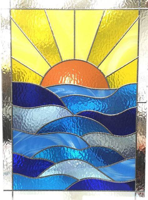 Stain Glass Sunset Patterns, Glass Painting Designs On Window, Stained Glass Landscape Simple, Glass Painting On Windows, Ocean Stained Glass Window, Glass Window Painting Ideas, Beachy Stained Glass Patterns, Sunrise Stained Glass Pattern, Cut Glass Art