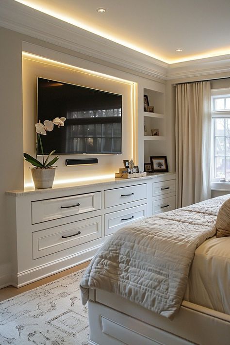 29 Tiny Bedroom Decor Ideas to Maximize Your Small Space 29 Master Bedrooms Entertainment Center, Bedroom Media Wall With Storage, Wall Unit Bedroom Built Ins, Bedroom With Tv Ideas Small Spaces, Media Wall Bedroom Ideas, Media Unit Bedroom, Bedroom Tv Unit With Storage, Bedroom Entertainment Wall, Small Bedroom Designs With Storage