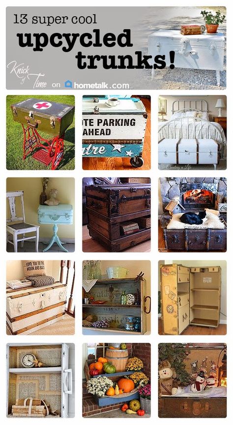 Nice Red Cross logo on the suitcase Upcycled Trunks via Knick of Time Repurpose Trunk Ideas, Upcycled Trunk Ideas, Trunk Chest Makeover, Trunk Ideas Decor, Old Trunk Display Ideas, Repurposed Chest Trunk, Steamer Trunks Ideas Repurposed, Steamer Trunk Ideas Repurposed, Decorating With Antique Trunks