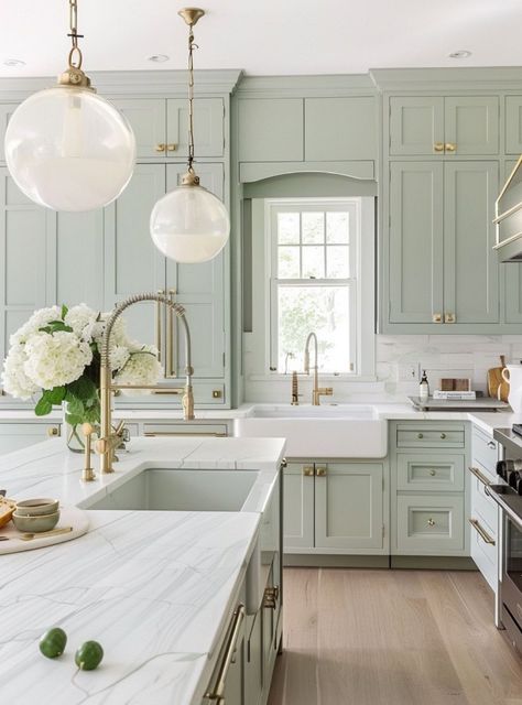 Green Kitchen Designs, Sage Green Kitchen, Green Kitchen Cabinets, Green Cabinets, Kitchen Marble, Kitchen Inspiration Design, Trendy Kitchen, Green Kitchen, Kitchen Remodel Idea