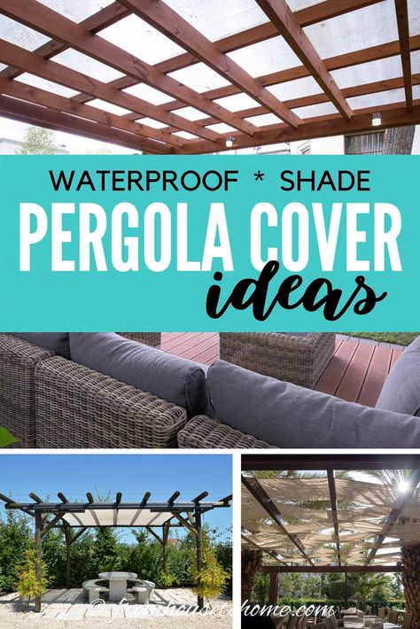 These DIY waterproof pergola cover ideas will help provide shade and protect your patio or deck from the rain. Perfect for outdoor entertaining in your backyard. #fromhousetohome   #decks #patios #gardenpaths Diy Backyard Shade Ideas On A Budget, Outdoor Pergola Ideas With Roof, Backyard Rain Cover, Shade Pergola Ideas, Pergola Covers Ideas, Shade For Pergola, Shaded Pergola Ideas, Diy Pergola Cover, Deck Rain Cover Ideas