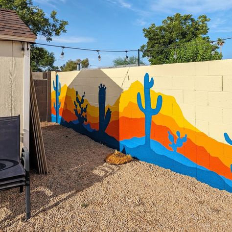 The mural is finished! I've been so engrossed with the van build this year that I haven't done much painting, so this 65' wall was a perfect canvas to satisfy my artistic itch! The bold colors really transformed the backyard and I love how they reflect in the pool. This was such a fun project and I'm grateful to @sandybjohnson for giving me the opportunity to create it! Murals With Meaning, Painted Backyard Wall, Backyard Wall Mural, Backyard Mural Ideas, Outdoor Wall Paint, Backyard Mural, Retro Mural, 2025 Kitchen, Garage Mural