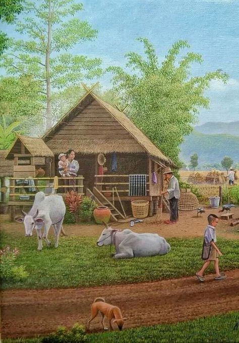 Agriculture Pictures, Beautiful Scenery Drawing, Village Scene Drawing, Disney Movie Art, Friends Always, Filipino Art, Scene Drawing, Dreamy Artwork, Art Village