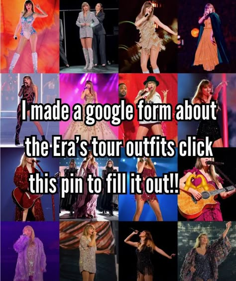 What To Wear To The Short N Sweet Tour, All Of The Eras Tour Outfits, Eras Tour Book Pages, Taylor Swift Singing Pictures, All Eras Tour Outfit, Olivia Rodrigo Google Form, Swiftie Google Forms, Eras Tour Book, Taylor Swift Google Form