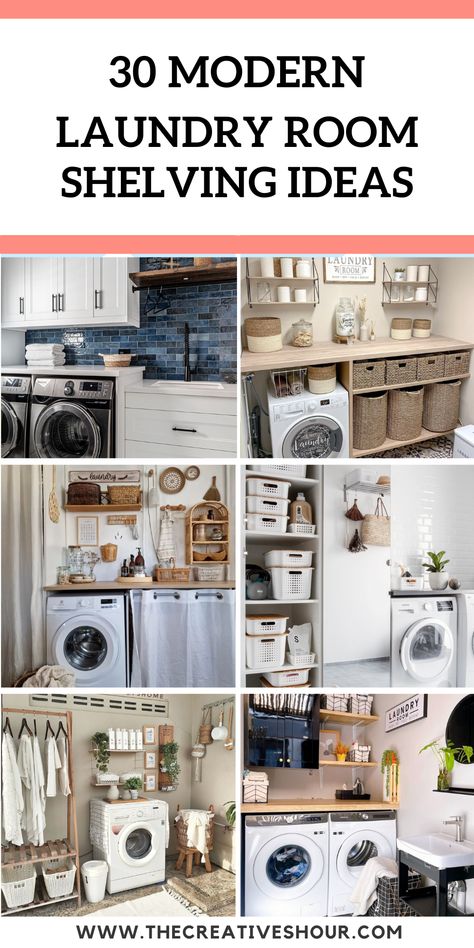 30 Functional Yet Stylish Laundry Room Shelving Ideas Laundry Shelf Ideas, Laundry Room With Open Shelving, Laundry Room Wood Shelves, Farmhouse Laundry Room Shelves, Laundry Room/pantry, Laundry Room Design Shelves, Laundry Shelving Ideas, Laundry Room With Shelves, Shelf In Laundry Room