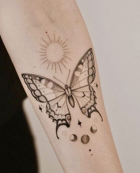 Snake And Butterfly Tattoos For Women, Butterfly Tattoo Transformation, July Butterfly Tattoo, Butterfly Celestial Tattoo, Sun With Butterfly Tattoo, Fine Line Butterfly Tattoo Wrist, Sun And Moon Butterfly Tattoo, Butterfly Tattoo Inspiration, Moth And Butterfly Matching Tattoos