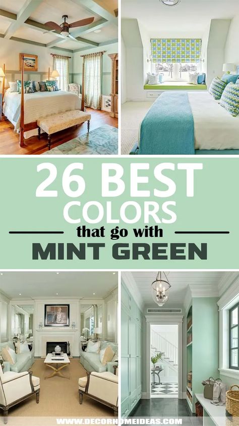 Best Colors That Go With Mint Green. Ever wondered what colors go well with mint green? We have made the perfect selection of colors matching great with mint green for each room - bedroom, living room, bathroom, entryway, and more. #decorhomeideas Mint Green Bedroom Walls Color Pallets, Mint Green And Gold Bedroom, Paint Colors That Go With Mint Green, Mint Colored Bedroom, Mint Green Fireplace, Mint Green Living Room Ideas Modern, Mint Furniture Living Room, Mint Green Benjamin Moore, Mint Green Master Room