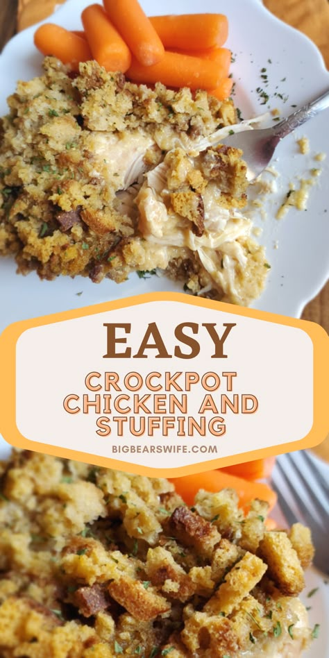 This Slow Cooker Crockpot Chicken and Stuffing recipe reminds me of a meal that my mom would have made when I was growing up! Toss a few easy ingredients into the slow cooker and dinner will be ready without much work at all! This 1980s Slow Cooker Chicken and Stuffing only takes about 5 minutes to toss together! via @bigbearswife Recipes With Chicken Tenderloins Crock Pots, Crock Pot Stove Top Chicken, Slow Cooker Stove Top Chicken, Turkey Tenderloin And Stuffing Crockpot, Fall Supper Ideas Easy Crockpot, Chicken Stuffing Crock Pot Recipe, Chicken Broccoli Stuffing Crockpot, Crockpot Chicken Recipes With Stove Top Dressing, Thanksgiving In A Crockpot Slow Cooker