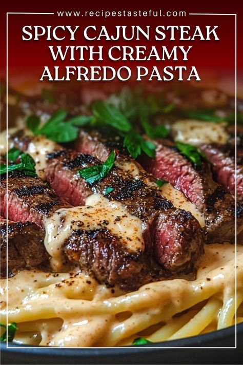 Indulge in this rich and flavorful Spicy Cajun Steak served over creamy Alfredo pasta. The perfectly seared steak is seasoned with zesty Cajun spices, creating a deliciously spicy contrast to the creamy, cheesy pasta. This dish is sure to impress at your next family dinner or special occasion! Spicy Cajun Steak With Creamy Alfredo, One Pot Steak Meals, Spicy Cajun Steak Alfredo Pasta, Creamy Cajun Steak Pasta, Cajun Pasta Dishes, Spicy Alfredo Pasta Recipes, Cajun Beef Pasta, Steak Pasta Dishes, Pasta Recipes Steak