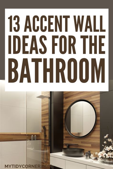 Restroom Accent Wall Ideas, Half Bath Wood Accent Wall, Copper Accent Wall Bathroom, Wall Design For Bathroom, Bathroom Decor Accent Wall, Small Bathroom Textured Walls, Wood Walls Bathroom Ideas, Modern Wood Accent Wall Bathroom, Flooring On Walls Ideas Bathroom