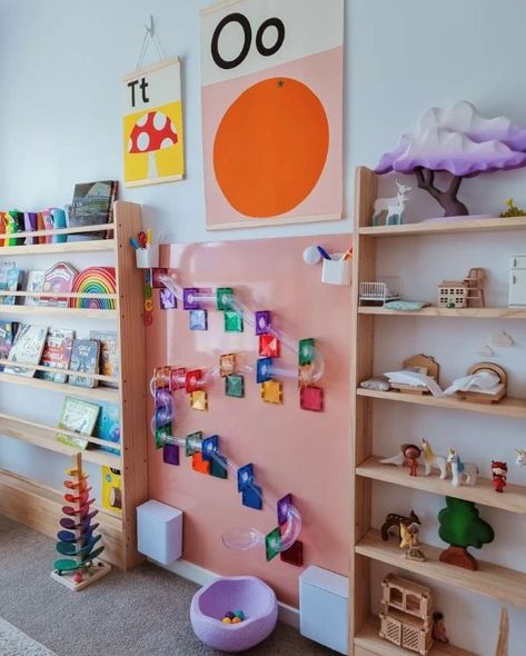 ball run classroom wall Playroom Educational Wall, Play And School Room Ideas, Small Selfie Wall Ideas, Toys On The Wall, Blank Wall Ideas Classroom, Playroom Art Display Wall, Play Area In Classroom, Imagination Station Ideas Classroom, Diy Interactive Wall For Kids