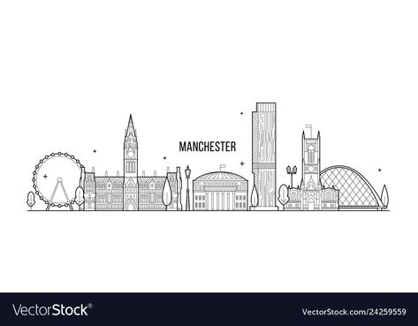 Manchester skyline, Greater Manchester, England, UK. This illustration represents the city with its most notable buildings. Vector is fully editable, every object is holistic and movable... Manchester Tattoo Ideas, Manchester Illustration, Manchester Tattoo, Manchester Skyline, Skyline Tattoo, Manchester Bee, Skyline Drawing, Skyline Artwork, York England