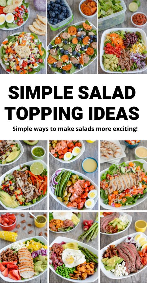 Looking for salad topping ideas? Here are lots of simple, easy ingredients you can use to boost the nutrition of your salad. Use them to add nutrients and flavor and to make your meals more exciting! Ingredients For Salads, Ingredients For Salads Healthy, Easy Salad Toppings, Healthy Salad Add Ins, What To Add To Salad, Salad Mix Ins, Best Salad Ingredients, Things To Add To Salad, Salad Bar Luncheon Ideas