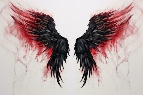 Black angel wings with red smoke on white background. Close-up. Beautiful magic red black wings drawn with watercolor effect, AI Generated Red Angel Wings, Easy Tattoos To Draw, Alas Tattoo, Wing Tattoo Men, Magic Wings, Demon Wings, Angel Wings Art, Black Angel Wings, Fantasy Mythology