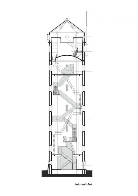 Watch/Watertower Sint Jansklooster / Zecc Architecten | ArchDaily Watch Tower Architecture, Stairs Steel, Concrete Staircase, Tower Building, Tower House, Architecture Graphics, Architectural Section, Architectural Drawing, Roofing Contractors