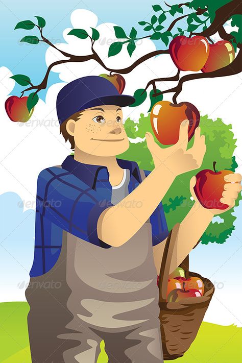 Apple Farmer Apple Illustration, Fruit Vector, Fruit Picking, Poster Drawing, Tree Illustration, Cartoon Images, Tree Drawing, Apple Tree, Cartoon Illustration