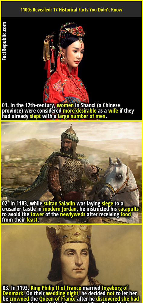 01. In the 12th-century, women in Shanxi (a Chinese province) were considered more desirable as a wife if they had already slept with a large number of men. Ancient China Concept Art, World History Facts, 2d Cartoon, Cheap Thrills, Fact Republic, Travel History, Curious Facts, Trivia Facts, Facts You Didnt Know