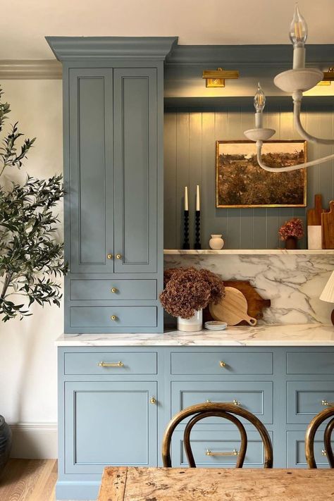 Dining Room Built In, Built In Hutch, Bathroom Upgrade, Blue Cabinets, Remodel Kitchen, Kitchen Hardware, Kitchen Inspiration Design, Blue Kitchens, Favorite Kitchen