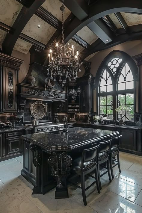 13 Gothic Kitchen Interior Designs To Fuel Your Dreams! - My Decor Inspo Goth Victorian Kitchen, Gothic French Country, Gothic Kitchen Aesthetic, Gothic Mansion Aesthetic, Gothic Victorian House Interior, Black Aesthetic Home, Witch House Aesthetic, Gothic House Interior, Modern Gothic House