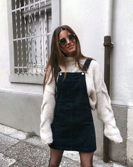 Found: The Best Overall Dress Outfits for Fall | Who What Wear Sundress Winter Outfits, Black Overall Dress, Dresses And Tights, White Cable Knit Sweater, Outfit Inspiration Women, Jeans Overall, Denim Overall Dress, Transition Outfits, Mode Inspo