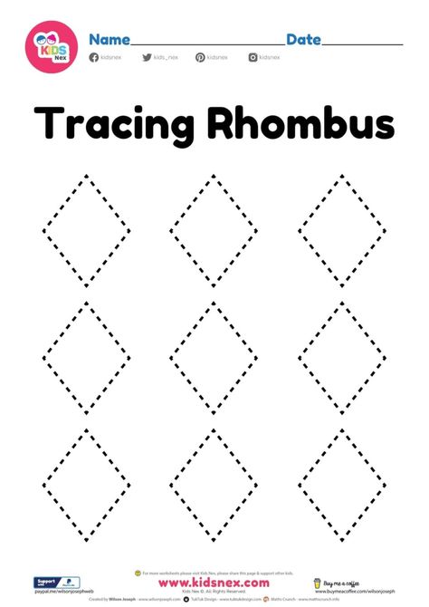 Rhombus shape worksheet tracing for preschool and kindergarten | Wilson Joseph Pencil Skills, Shape Worksheets For Preschool, Kindergarten Pictures, Preschool Pictures, Shapes Worksheet Kindergarten, Shape Activities Preschool, Shape Tracing Worksheets, Preschool Tracing, Shapes Preschool