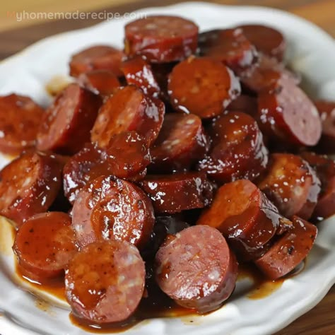 Slow Cooker Candied Kielbasa – Sweet and Savory Party Dish - My Home Made Recipe Candied Kielbasa, Cocktail Sausage Recipes, Kielbasa Crockpot, Kielbasa Appetizer, Sausage And Peppers Crockpot, Butter Slime Recipe, Football Apps, Slow Cooker Candy, Crockpot Casseroles