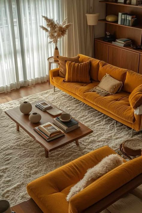 Comfy Rugs In Living Room, Comfy Mid Century Modern Living Room, 70s Inspired Living Room, Comfy Living Room Ideas, 70s Living Room, 70s Interior Design, 70s Interior, Retro Interior Design, Comfy Living Room