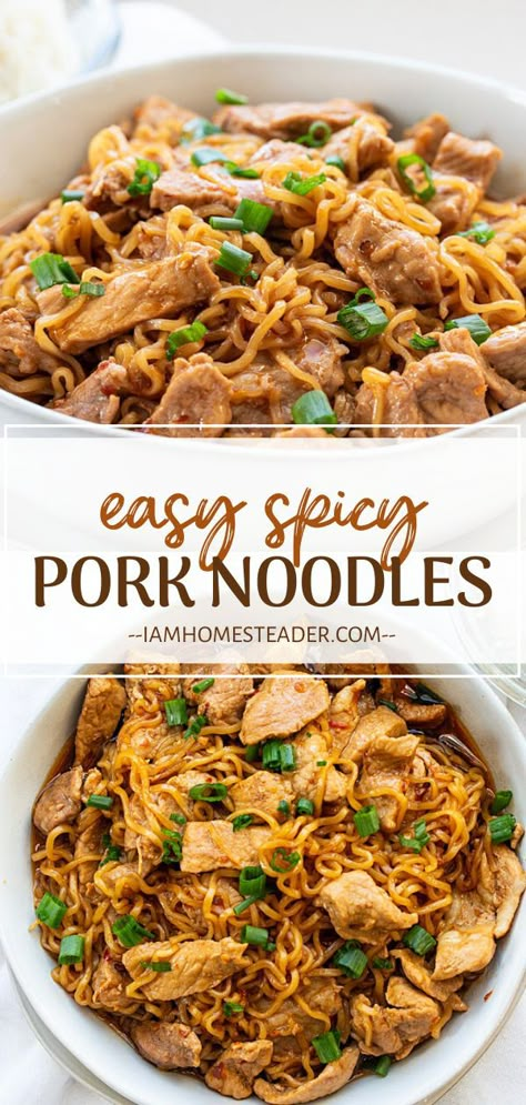 Pork Noodles Recipe, Spicy Pork Noodles, Leftover Pork Loin Recipes, Pork Pasta, Pork Ramen, Recipes Gourmet, Pork Recipes For Dinner, Pork Noodles, Leftover Pork