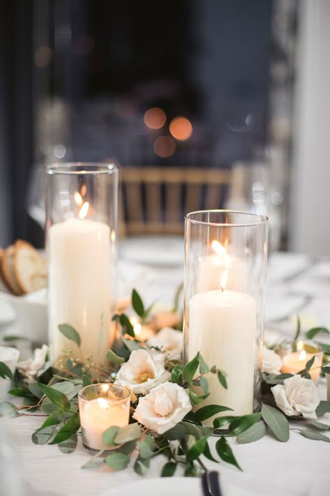 Elyse+Griffin by Amanda Meg Miller Photo at St Jane Hotel Sage Reception Tables, Round Tables With Greenery And Candles, Minimal Candle Centerpiece, Sage Green Wedding Table Setting, Candle Table Decor, Creative Floral Arrangements, Jane Hotel, Classic Wedding Decor, Megan Miller