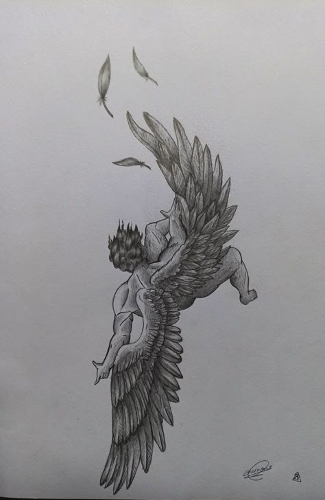 Icarus Tattoo, Fallen Angel Tattoo, Artsy Tattoos, Knife Tattoo, Greek Mythology Tattoos, Tattoo Heart, Angel Tattoo Designs, Mythology Tattoos, Greek Tattoos