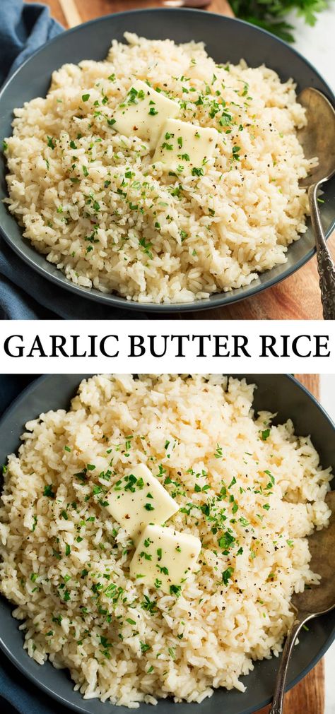 Garlic Butter Rice is made with basic long grain white rice, fresh garlic, a fair amount of rich butter, and chicken broth for extra flavor. Easiest rice recipe! Recipe on cookingclassy.com. Butter Rice Recipe, Buttered Rice Recipe, Tasty Rice Recipes, Garlic Butter Rice, Meal Planing, Long Grain White Rice, White Rice Recipes, Rice Side Dish Recipes, Easy Rice