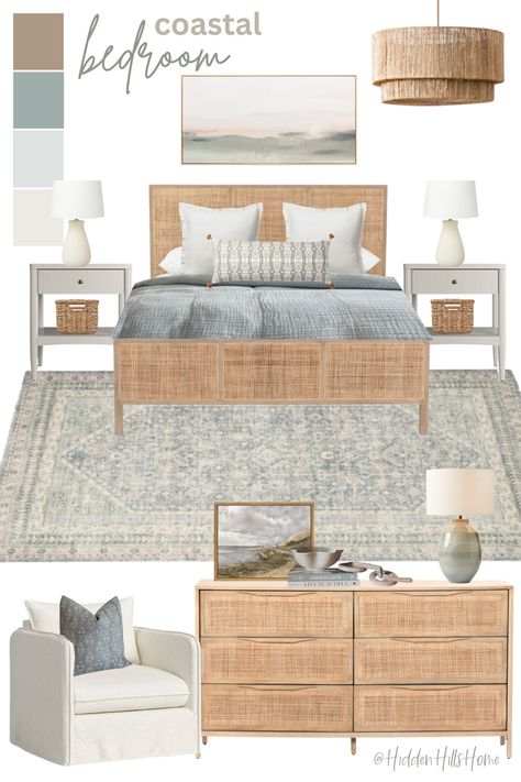 Coastal bedroom decor mood board with seafoam green accents! Gorgeous bedroom decor ideas with cane bed! This bedroom would be perfect for a beach house or a lake home Blue And Rattan Bedroom, Blue White Wood Bedroom, Coastal Nightstand Bedroom, Blue Accent Bedroom Ideas, Blue And White Master Bedrooms Decor, Blue Bedding Bedroom Ideas, Traditional Coastal Bedroom, Coastal Boho Bedroom Ideas, Cane Bedroom Ideas