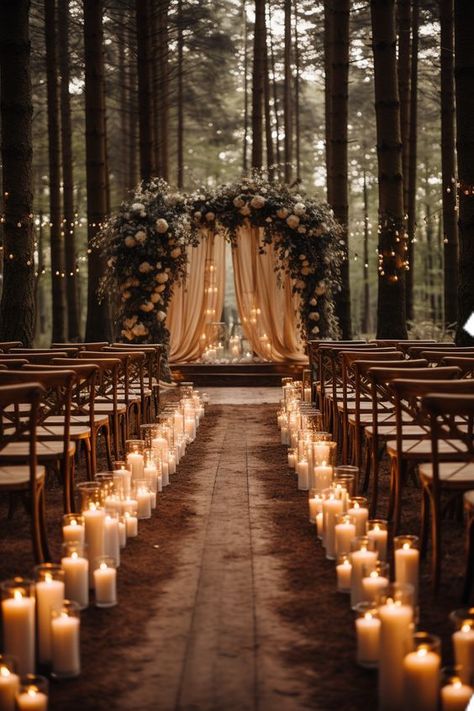 Fairy Light Wedding Ceremony, Candlelight Wedding Ceremony Outdoors, Wedding Themes November, Rustic Wedding Decor Colors, Dark Ethereal Wedding Theme, Fae Wedding Theme, Classy Barn Wedding, Small Forest Wedding, Ethereal Wedding Theme