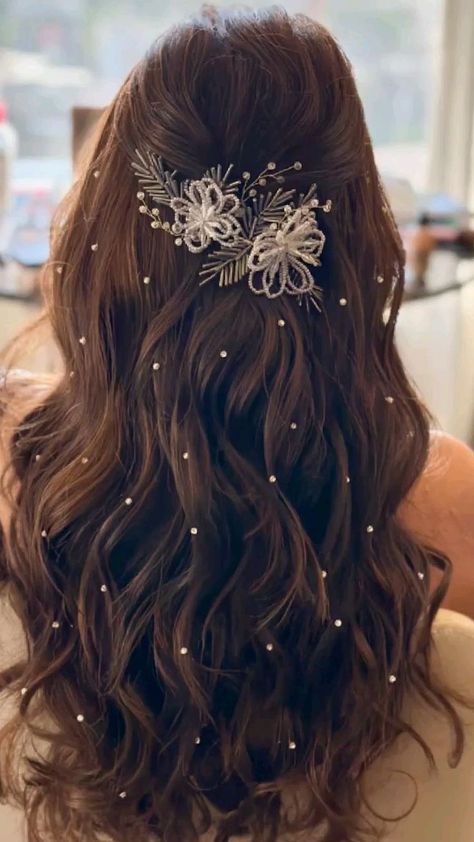 Hairstyles - Wedding  	◦	Haldi ￼  	◦	Engagement ￼  	◦	Mehendi ￼  ￼ 	◦	Wedding ￼ ￼ 	◦	Sangeeth ￼ Open Hair Hair Styles Wedding, Hair Ideas For Engagement Party, Open Hair Wavy Hairstyles, Open Hair Accessories, Hair Accessories For Open Hairstyle, Hair Design For Engagement, Reception Party Hairstyles, Haïr Style For Sangeet, Open Hair Bride Hairstyle