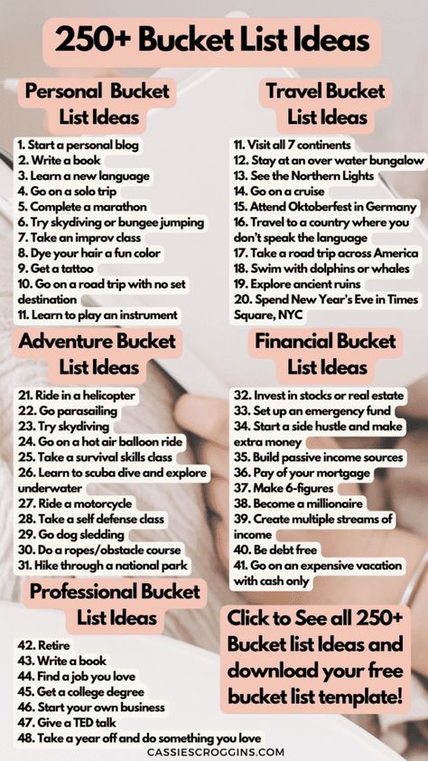 Over 250 of the best bucket list ideas to add to your personal bucket list! + Free printable bucket list template to help! Travel, unique, fun, personal, professional, family, for couples, and more bucket list ideas! Life bucketlist ideas and year bucket list ideas. #cassiescroggins #bucketlistideas #freeprintable Bucket List This Year, Places To Add To Your Bucket List, Married Bucket List, Hobby Bucket List, Baket List Ideas, Weekend Bucket List, Bucketlist Ideas 2023, Financial Bucket List, Bucket List Journal Ideas Notebooks