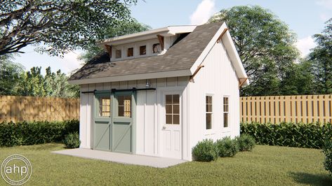 Modern Farmhouse Shed, Farmhouse Shed, White Shed, Verandah Ideas, Pool Sheds, Backyard Workshop, Farmhouse Sheds, Plan Garage, Backyard Barn