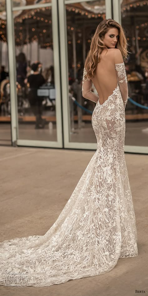 berta spring 2018 bridal long sleeves off the shoulder sweetheart neckline full embellishment sexy elegant fit and flare wedding dress open low back medium train (3) bv -- Berta Spring 2018 Wedding Dresses Berta Wedding Dress, Berta Bridal, Wedding Dresses 2018, Fit And Flare Wedding Dress, Back Wedding Dress, Trendy Wedding Dresses, Sweetheart Wedding Dress, Backless Wedding, Fitted Wedding Dress