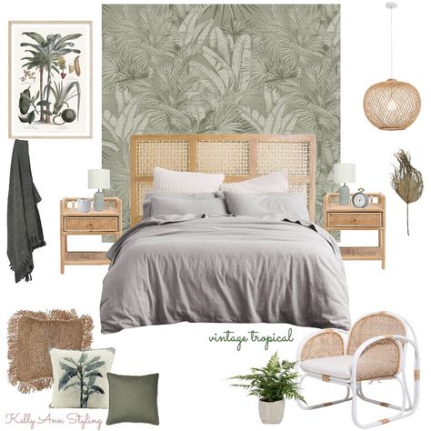 Designed by @kellyannstyling using our mood board tool. Loving the sage green, palms and rattan used to create a coastal boho look.  Bedroom design, bedroom decor, rattan pendants, rattan furniture, tropical Tropical Bedroom Interior, Coastal Boho Bedroom, Colonial Interiors, Bedroom Mood Board, Rattan Bedroom, Tropical Bedroom, Art Styling, Tropical Interior, Design Mood Board