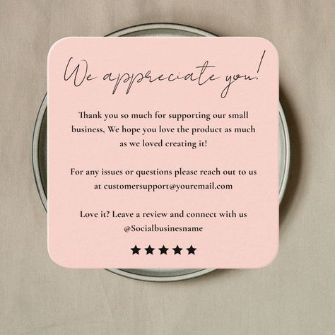 Leave Us A Review | Customer Feedback | Thank You Blush Pink Business Card


Express gratitude and encourage valuable customer feedback. This square business card features a heartfelt "Thank You" and prompts customers to "Leave a Review". Thank You Card Restaurant, Thank You Customer Card, Thank You Card For Customer, Thanks Card For Customer Design, Thank You Cards Messages Business, Thank You Cards For Small Business, Thank You Business Cards Ideas, Thank You Notes For Customers, Customer Feedback Design