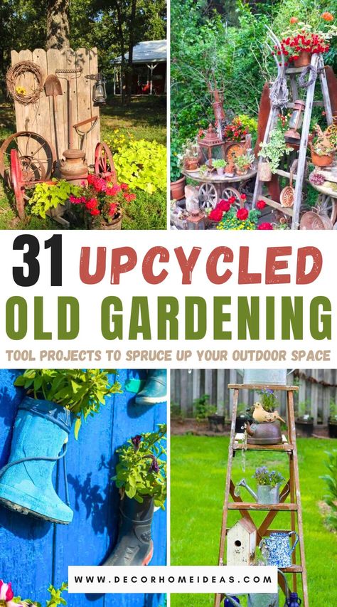 Discover creative ways to transform your old gardening tools into stunning outdoor decor with our collection of 31 upcycled projects. From quirky planters to unique garden art, these DIY ideas will add charm and personality to your garden. Dive in to find inspiration for your next weekend project! Upcycled Home Decor Creative Ideas, Quirky Garden Ideas Upcycle, Recycled Garden Art Upcycling Diy Projects, Junk Garden Ideas Diy, Eco Garden Ideas, Repurposed Items For Garden, Repurposed Garden Decor, Garden Diy Décor, Diy Fence Decor